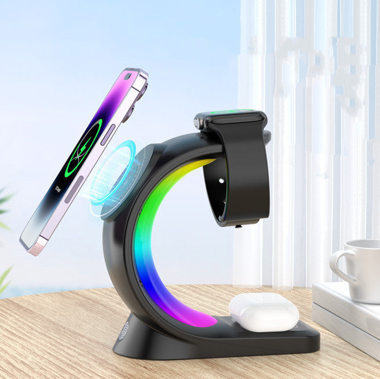 Chargeur sans fil magnétique 4 en 1 à charge rapide pour téléphone intelligent, station de charge avec lumière d'ambiance pour Airpods Pro et I-phone Watch