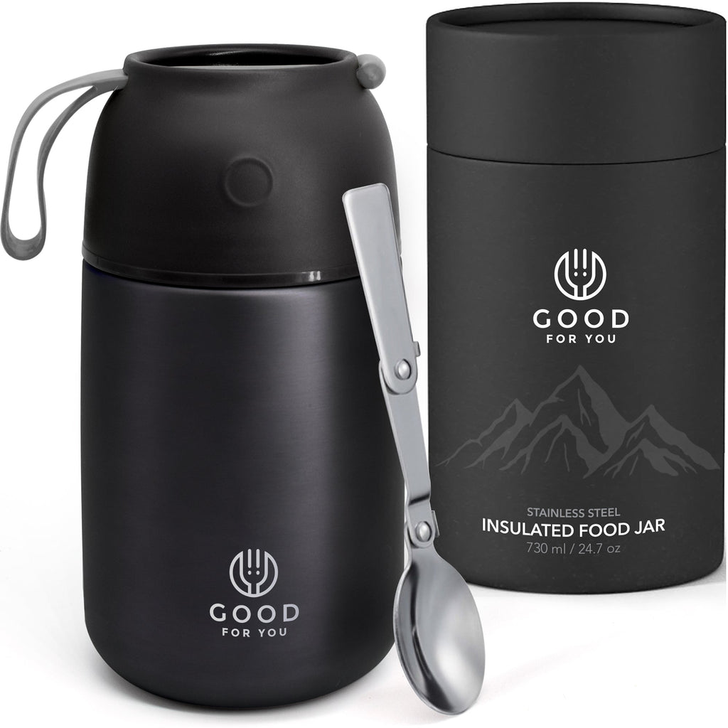 Insulated Food Flask 730ml for Adults – Hot Food & Soup Flask with Spoon for Work, Leak-Proof, BPA-Free Stainless Steel | Black