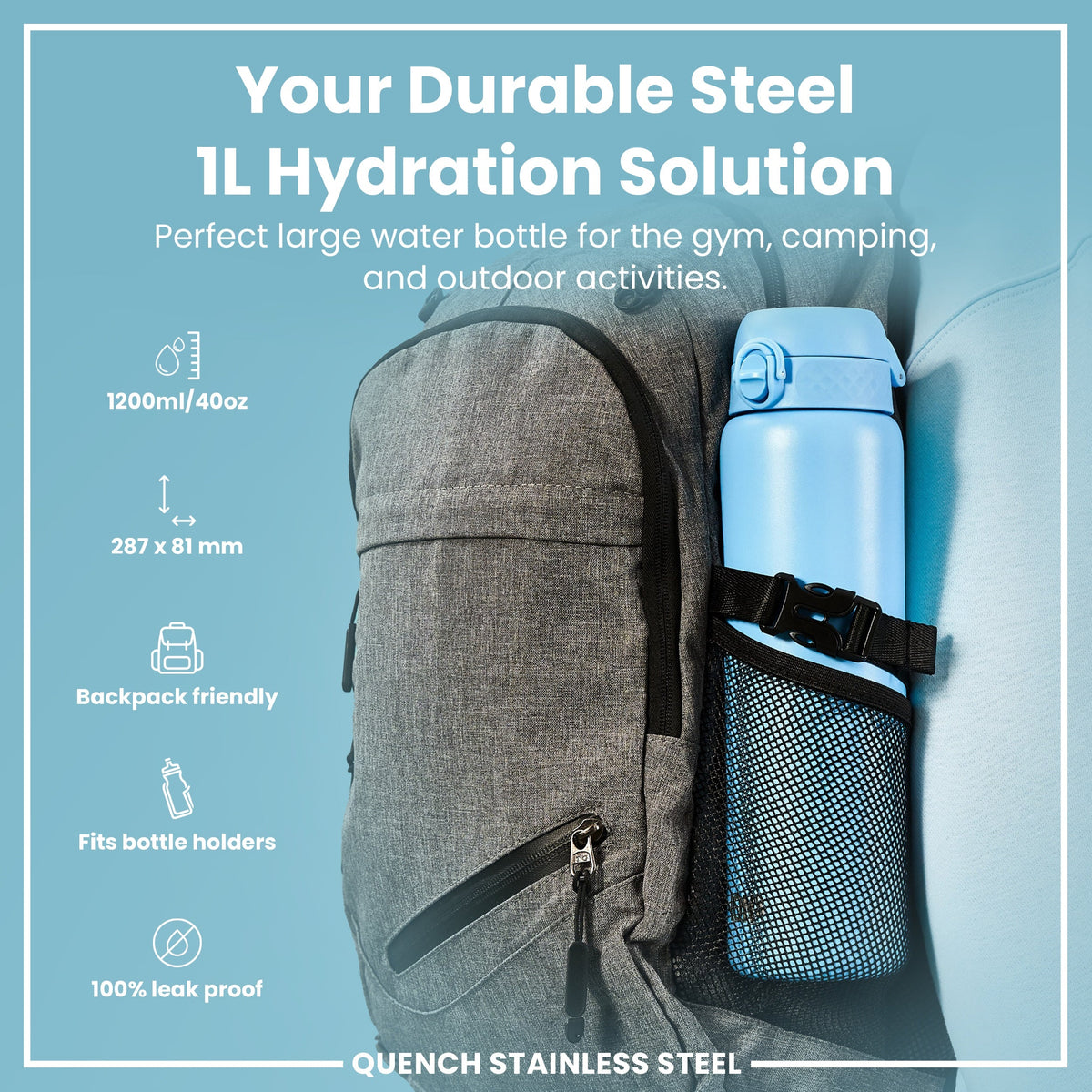 Leak Proof 1 Litre Water Bottle, Stainless Steel