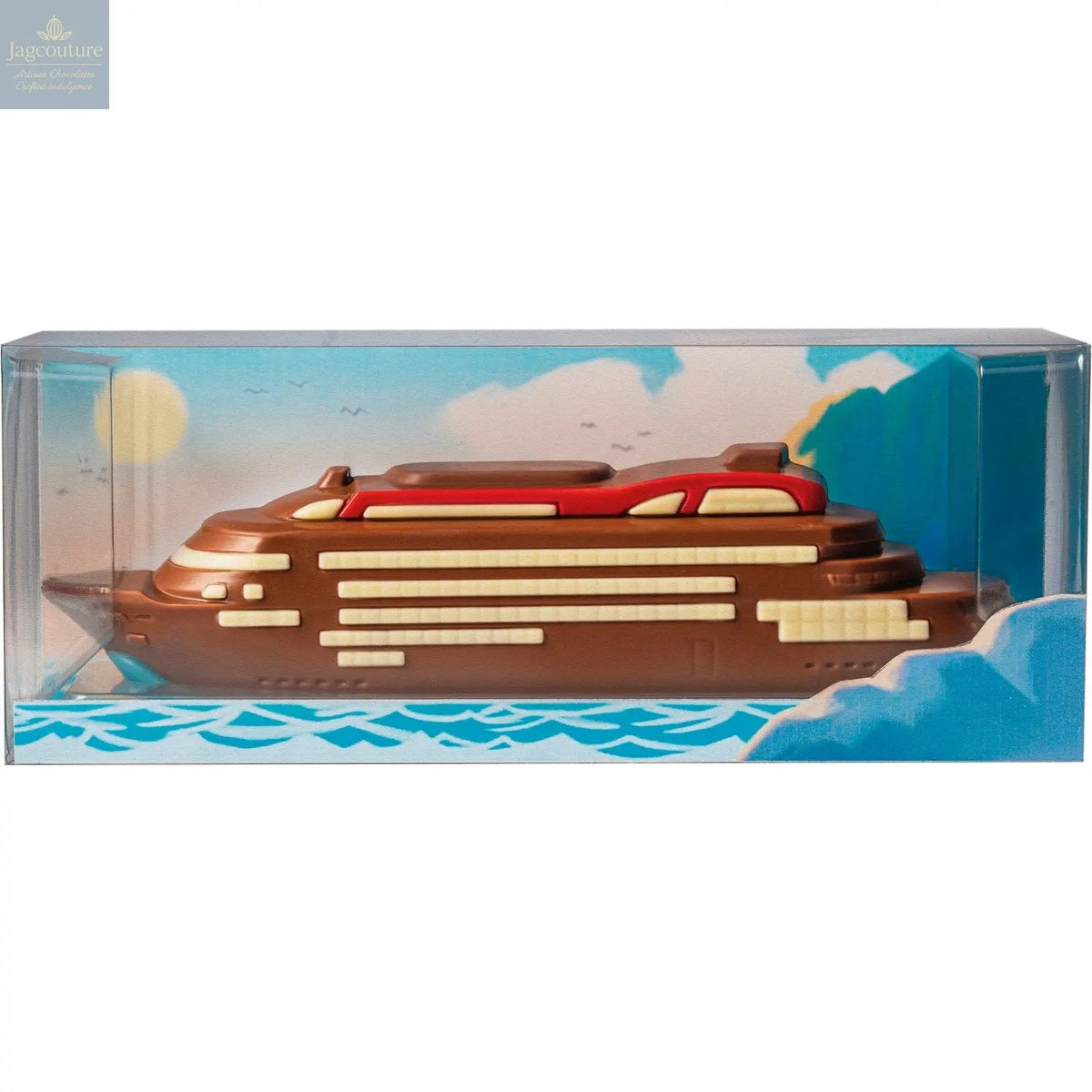 Navire de croisière en chocolat au lait creux décoré, dans une boîte cadeau en acétate - 250 mm