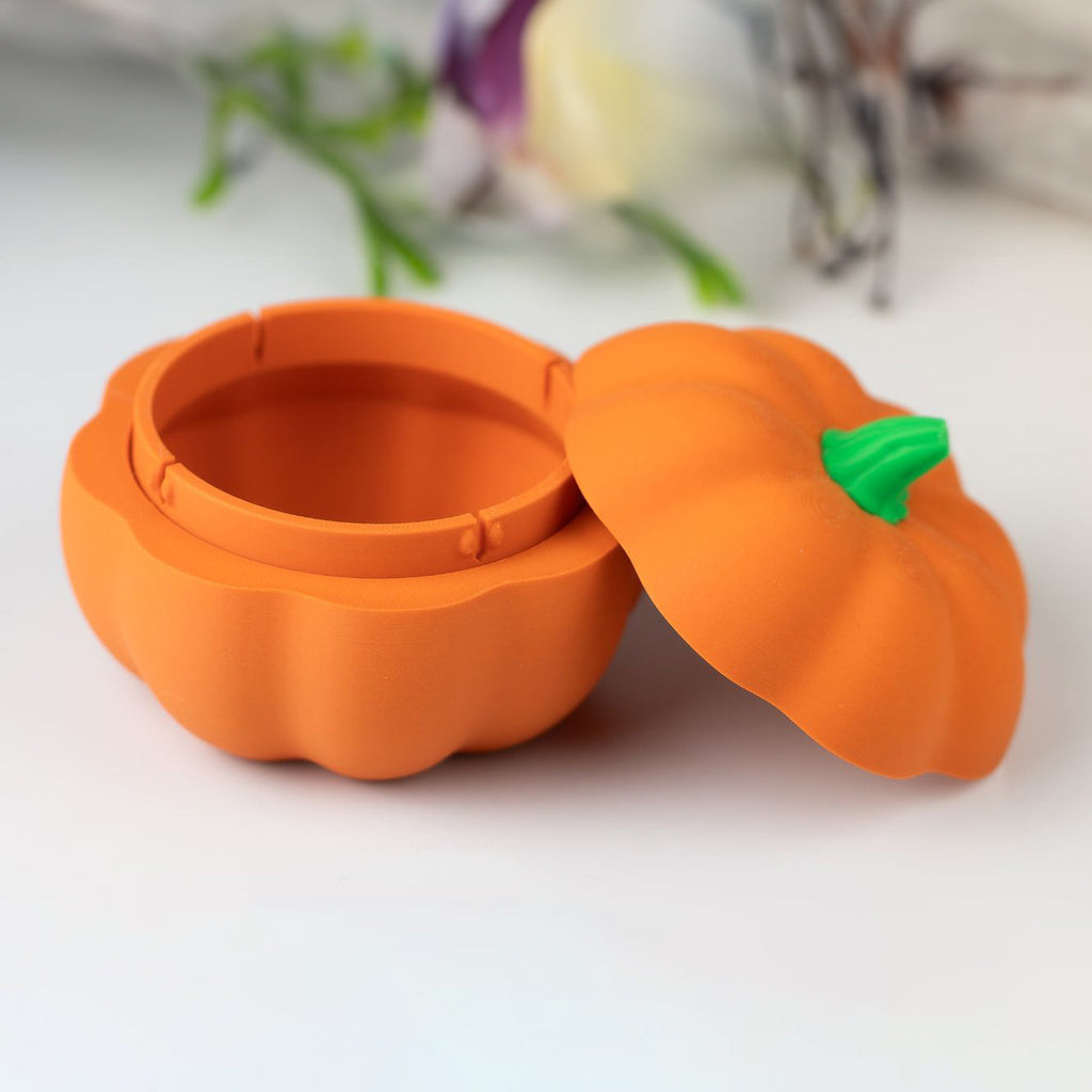 3D Printed Pumpkin Container with Skeleton Figurine