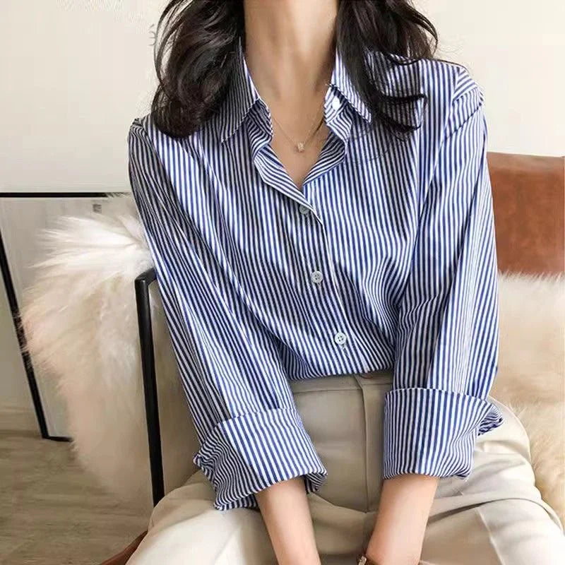 Women's Striped Lantern Sleeve Stand Collar Blouse