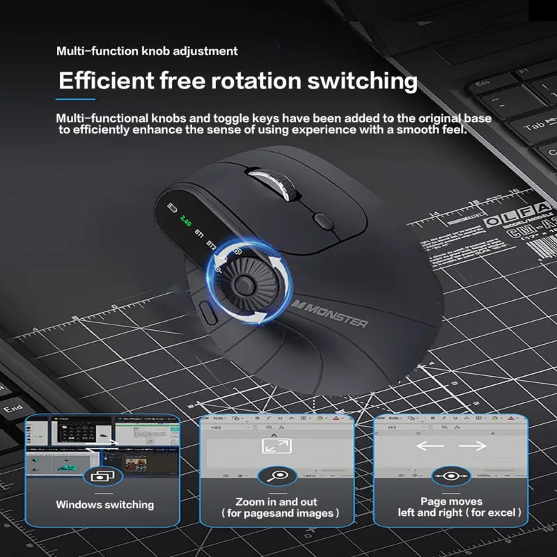 Souris ergonomique verticale multi-appareils avec bouton de réglage des fonctions, souris sans fil Bluetooth 2.4G rechargeable pour PC et tablette