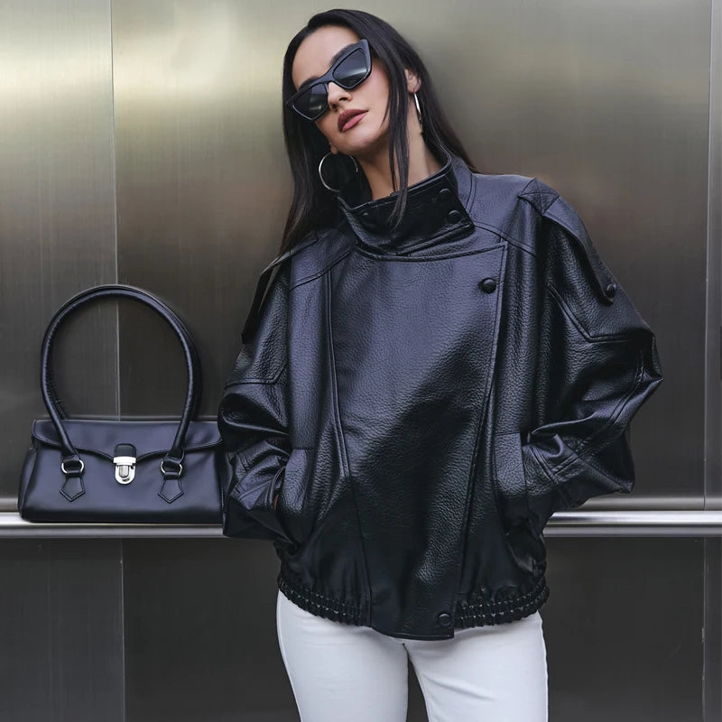 MUJER Faux Leather Women's Jacket Black Oversize Bomber