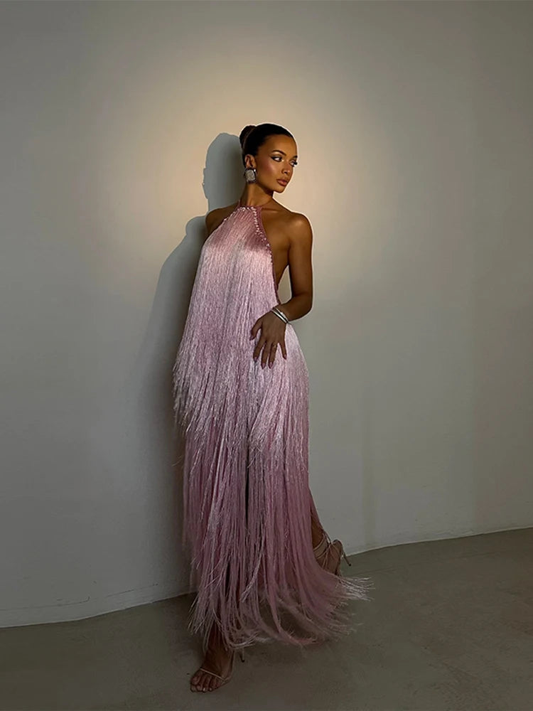 Robe de soirée pour femme, licou sans manches, dos nu, à pampilles, unie, longue, pour les vacances, élégante, d'été