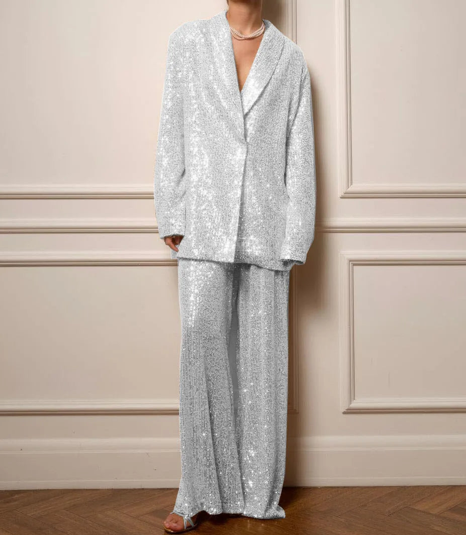 Ensemble de pantalon et veste à sequins pour femme, dorée, à manches longues, avec revers et boutons, pantalon large, automne, costume urbain décontracté.