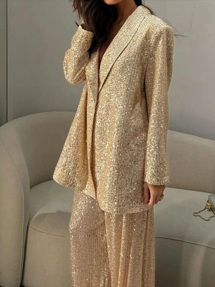 Ensemble de pantalon et veste à sequins pour femme, dorée, à manches longues, avec revers et boutons, pantalon large, automne, costume urbain décontracté.