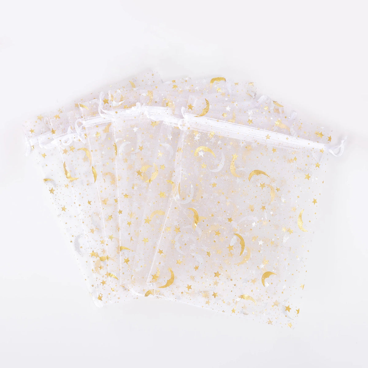 White Moon Stars Drawstring Organza Bags