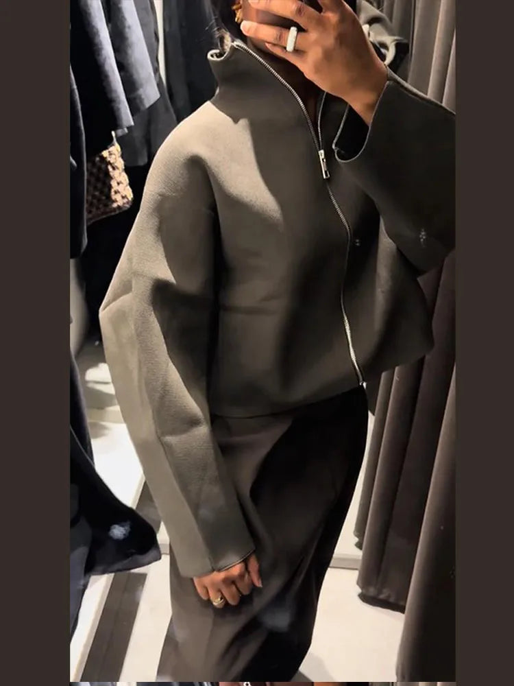 Vintage Stand Collar Women's Cropped Jacket Zipper