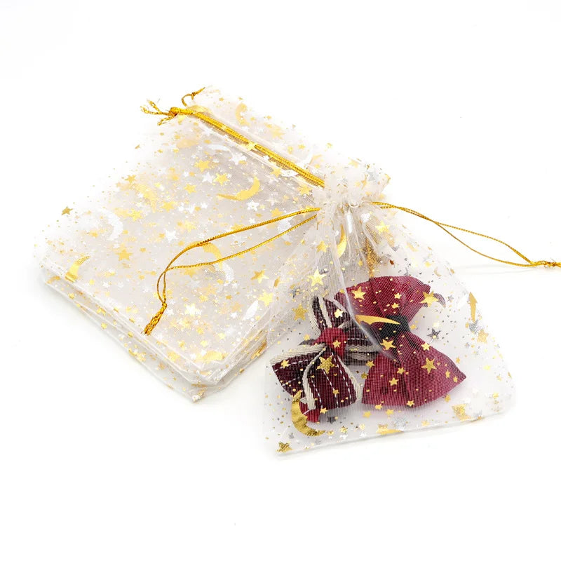White Moon Stars Drawstring Organza Bags