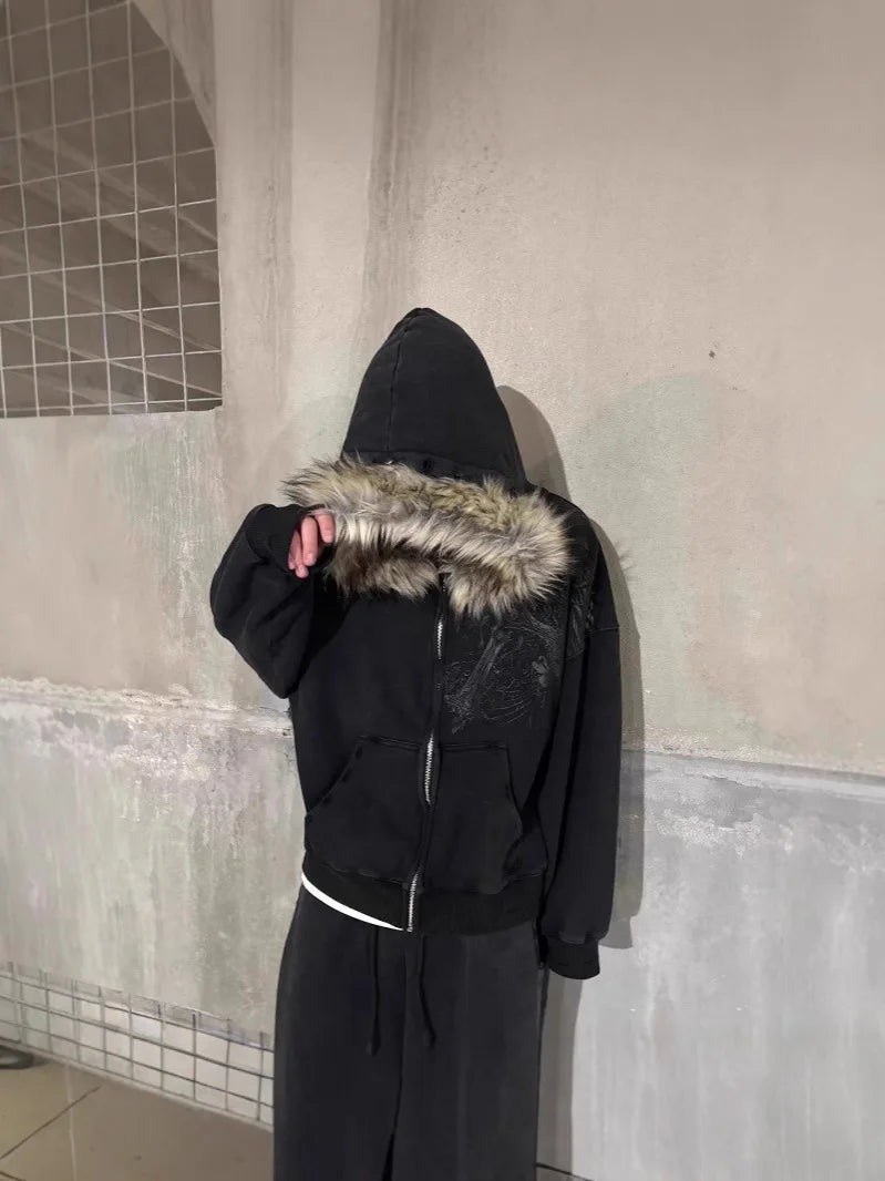 Automne/Hiver Y2k Femme Esthétique Harajuku Faux Col Fourrure Sweats à Capuche Vêtements Graphique Hip Hop Punk Gothique Zippé