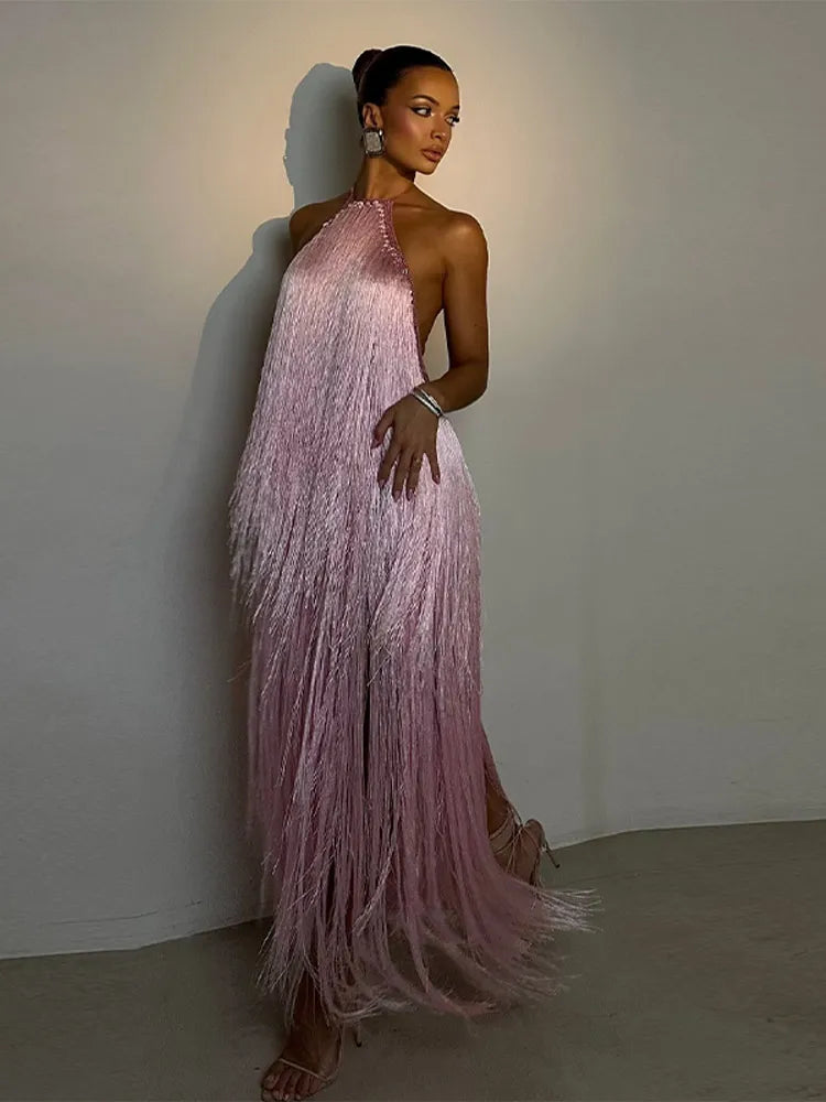 Robe de soirée pour femme, licou sans manches, dos nu, à pampilles, unie, longue, pour les vacances, élégante, d'été