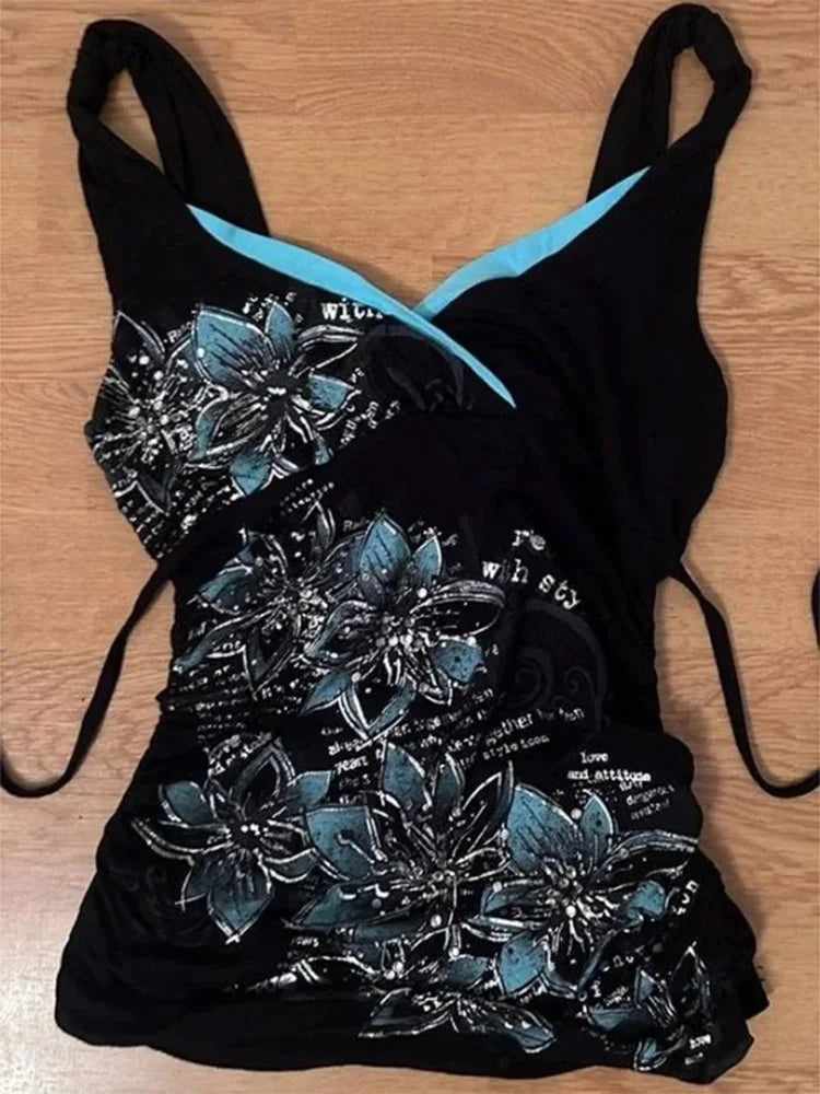 Summer Black Blue Floral Print V Neck Ribbed Side
