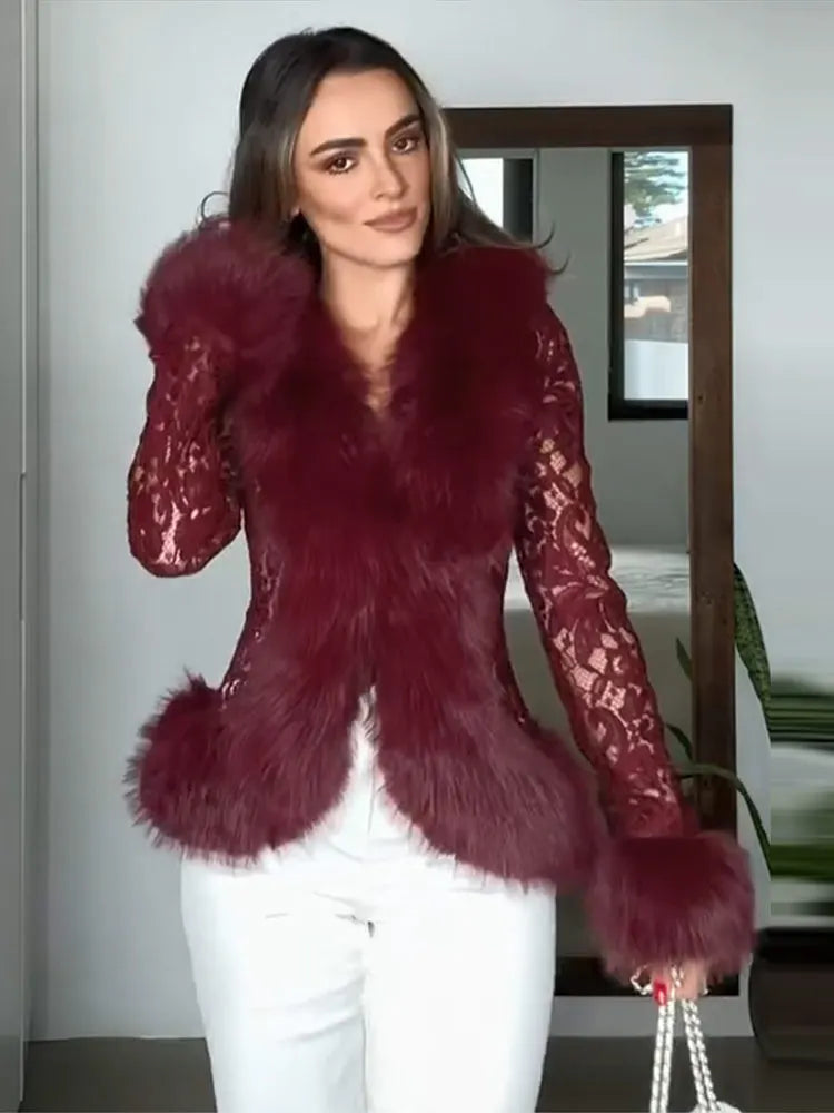 Sexy Lace Patchwork Women's Fur Coat V