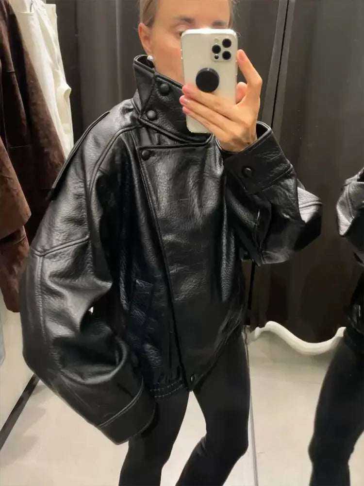 Women's Faux Leather Zip Jacket Streetwear Coat