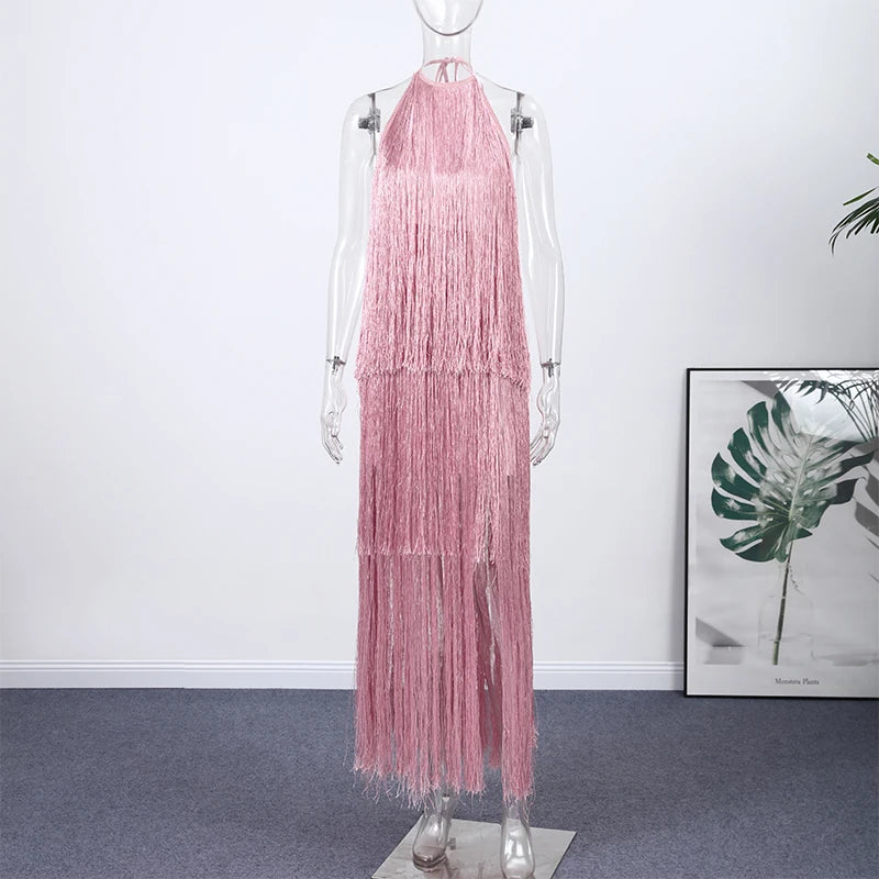 Robe de soirée pour femme, licou sans manches, dos nu, à pampilles, unie, longue, pour les vacances, élégante, d'été