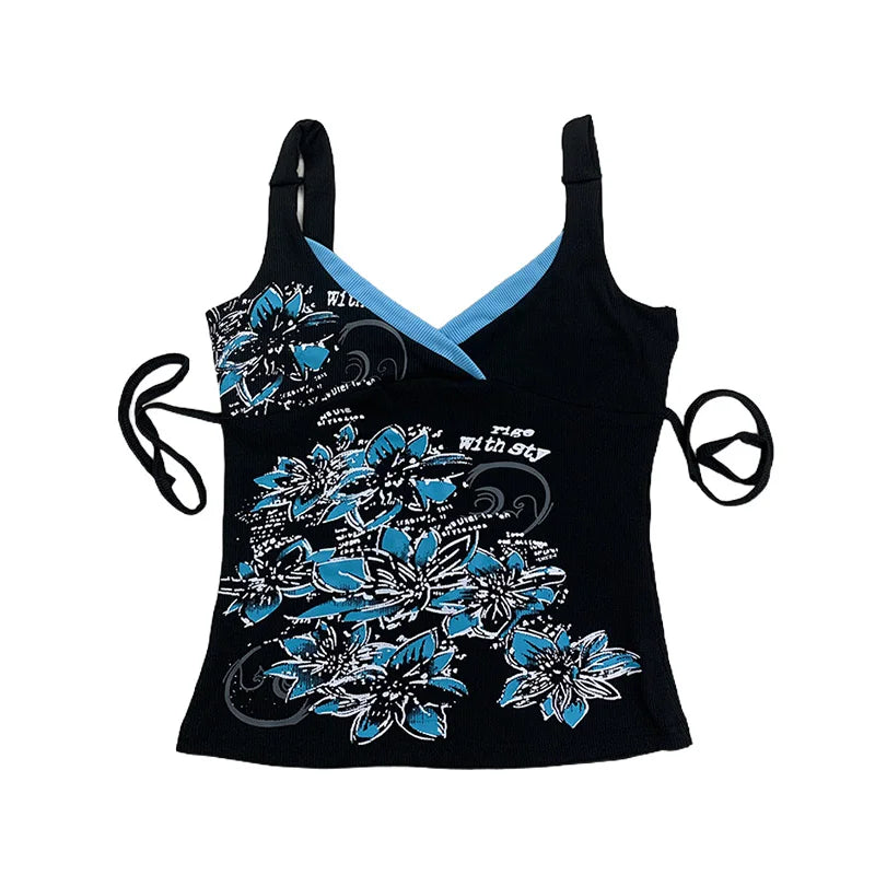 Summer Black Blue Floral Print V Neck Ribbed Side