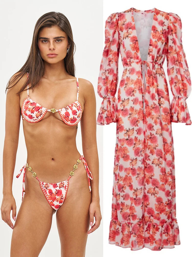 Long Dress Bikini Cover Up Print Mesh Swimwear