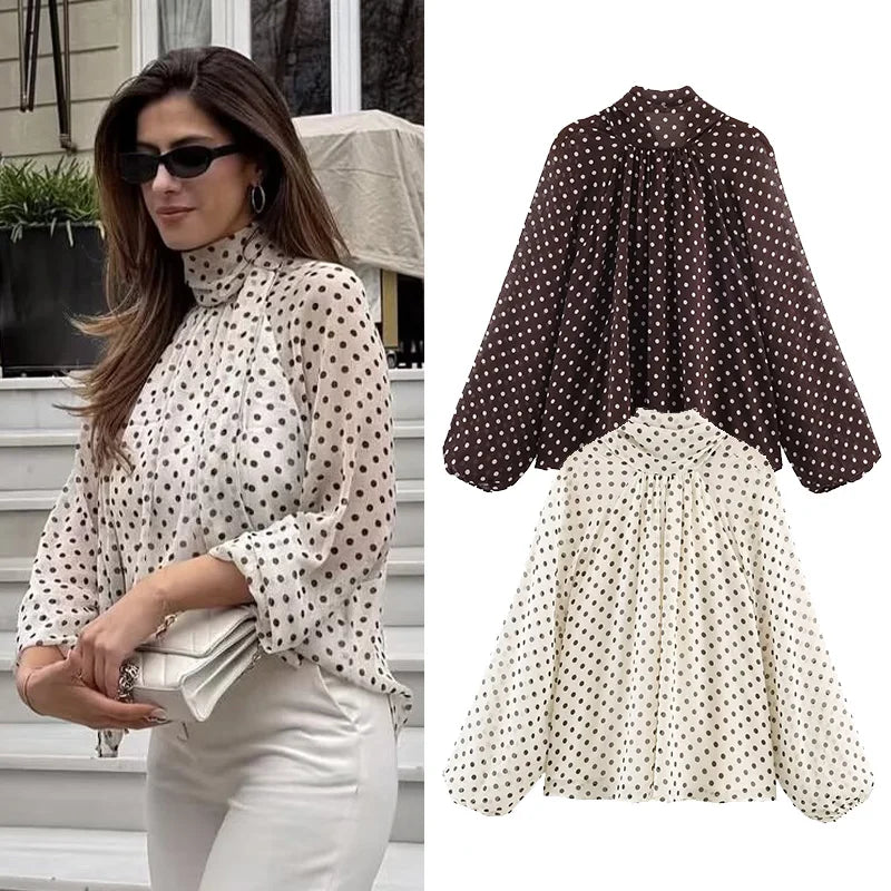 Women Polka Dot Print Blouse Casual High Collar Long