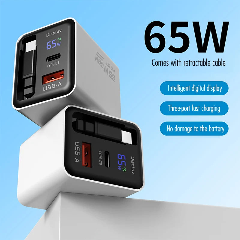 65W Digital Display Fast Charger With Retractable