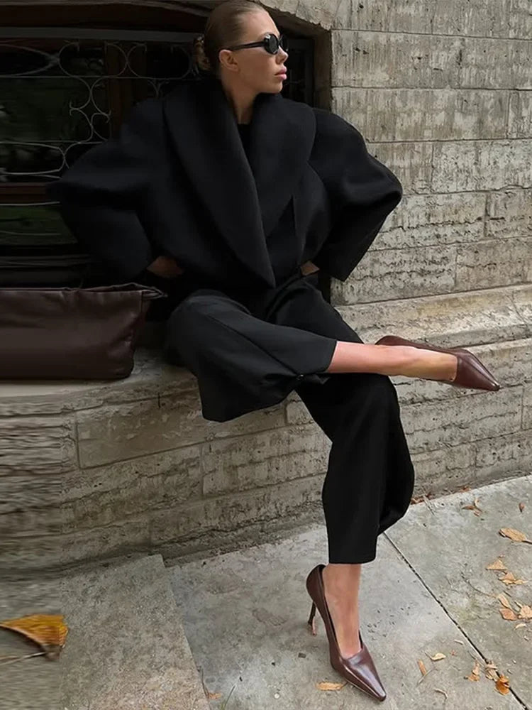Manteau en laine pour femme à col montant, style urbain, ample, à manches longues et boutonnage, noir, veste féminine automne-hiver, vêtement d'extérieur pour femme