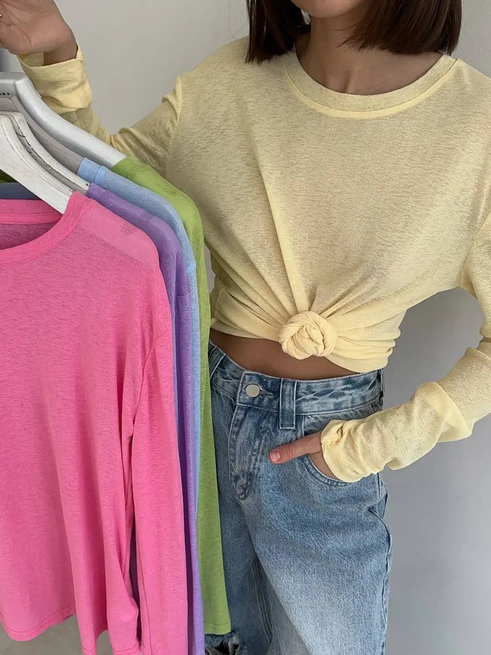 Women's Long Sleeve Loose Knitted Soft T - Shirt Top