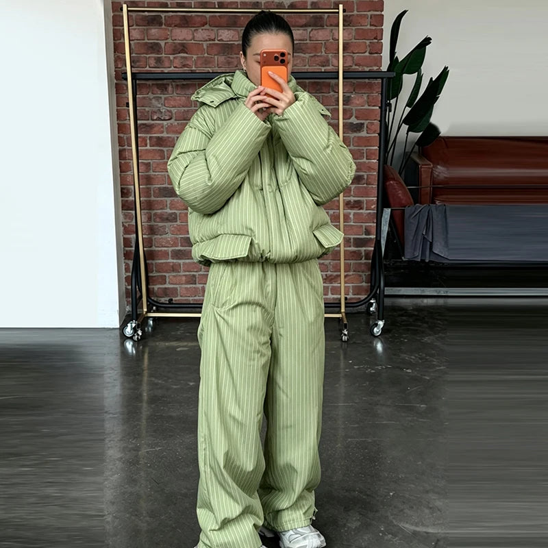 Women's Striped Puffer Jacket Two Piece Set Detachable