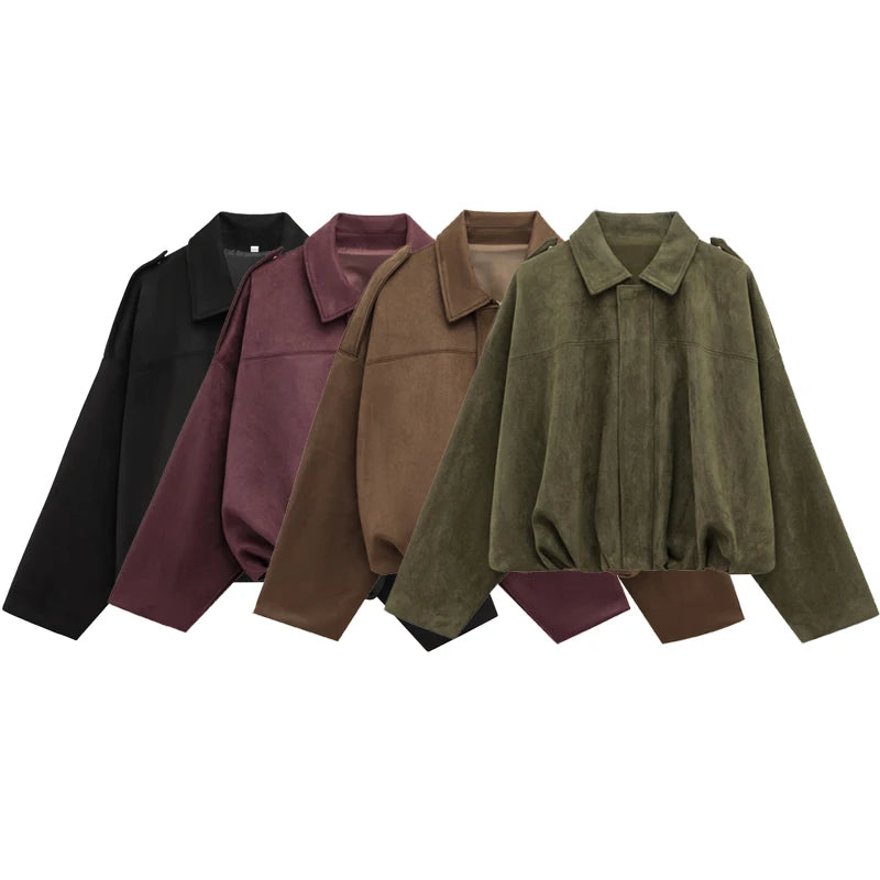 HXAO Women's Bomber Jacket Lapel Long Sleeve Zipper