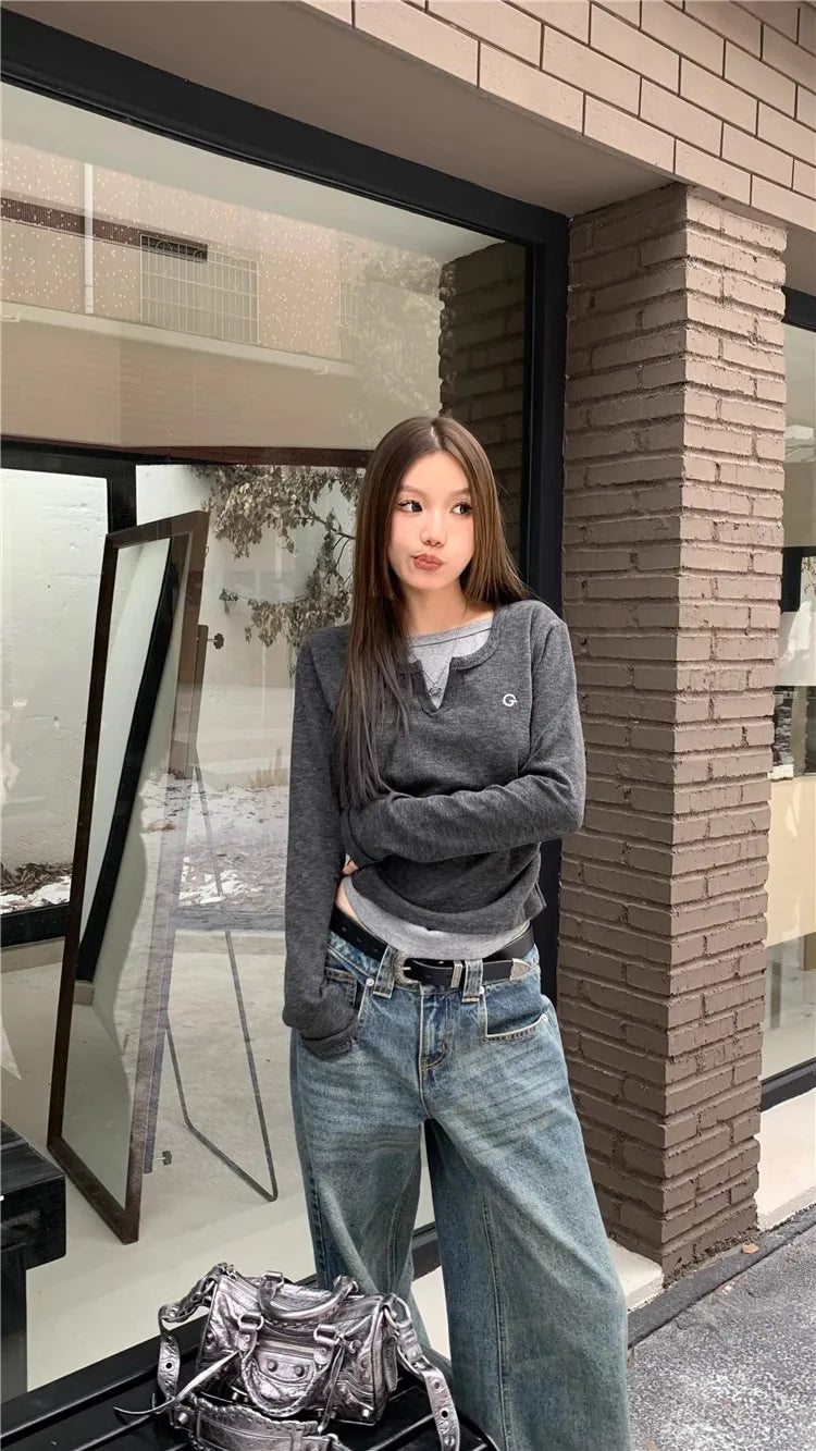 Women's Fake Two - Piece Slim Long Sleeve Base Top
