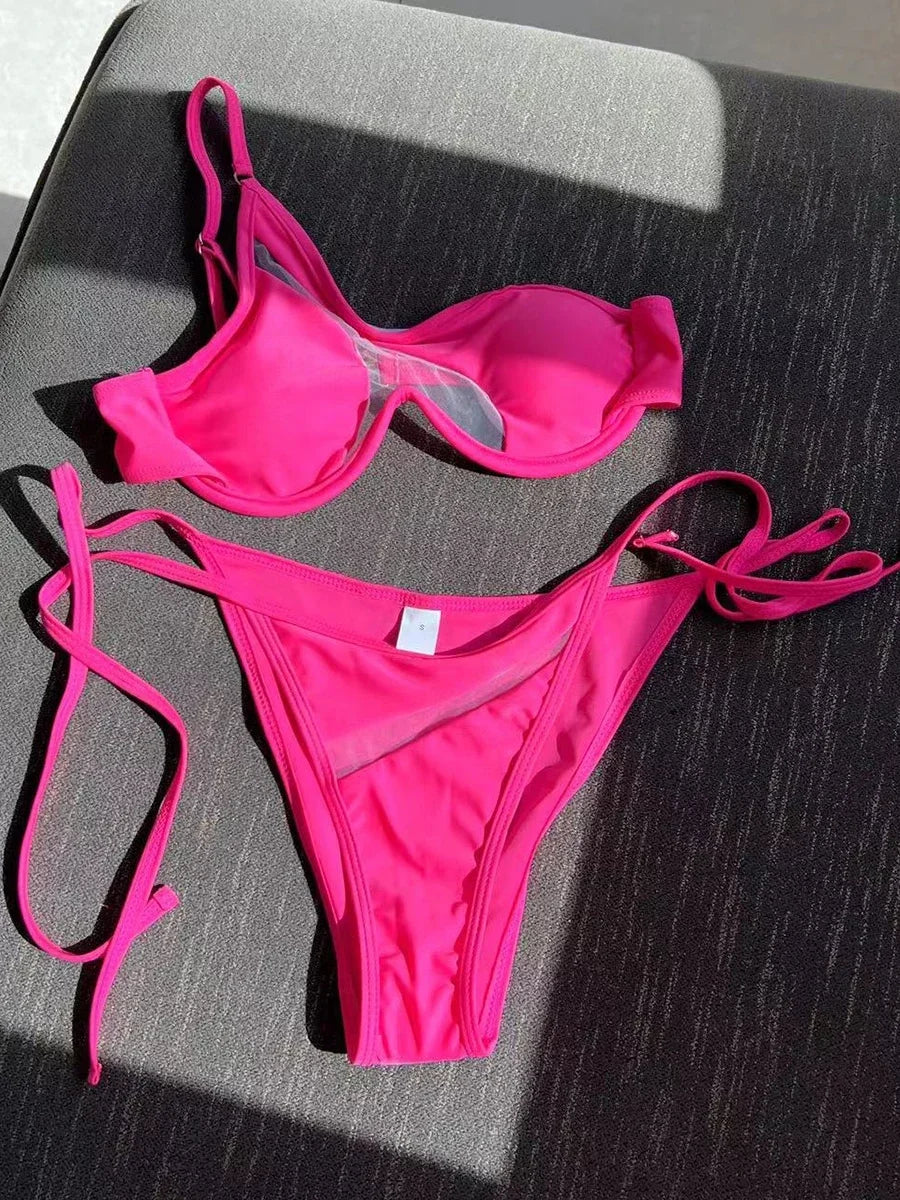 One Shoulder Mesh Bikinis Underwired V - Bar Bikini