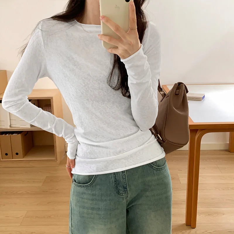 Women's Slim Fit Long Sleeve O - Neck Casual Tee