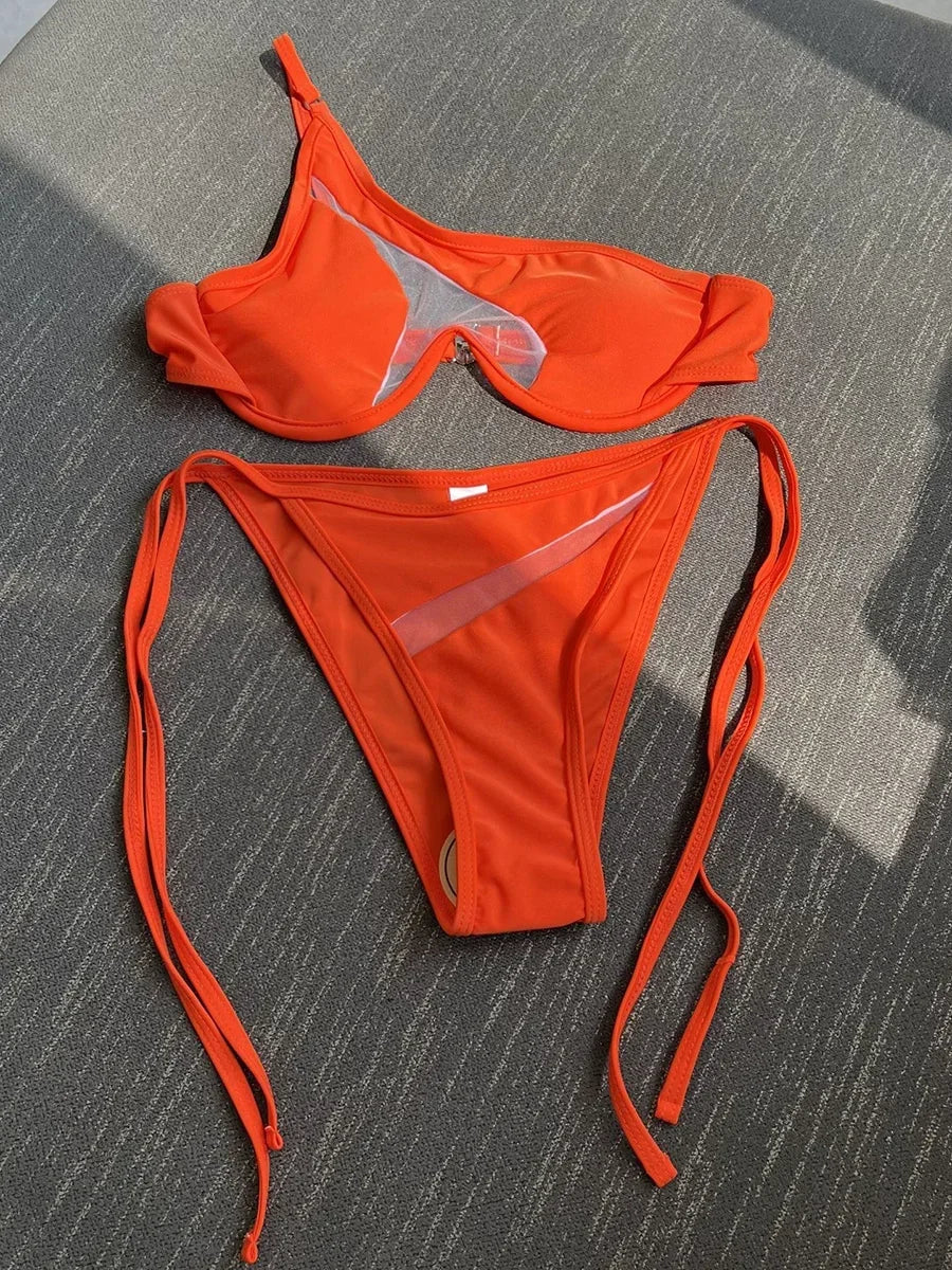 One Shoulder Mesh Bikinis Underwired V - Bar Bikini