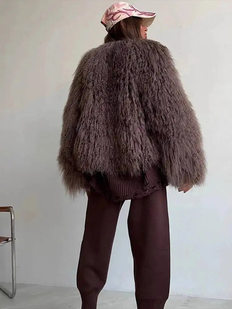 DEAT Fashion Brown Faux Fur Coat Women's Round Neck