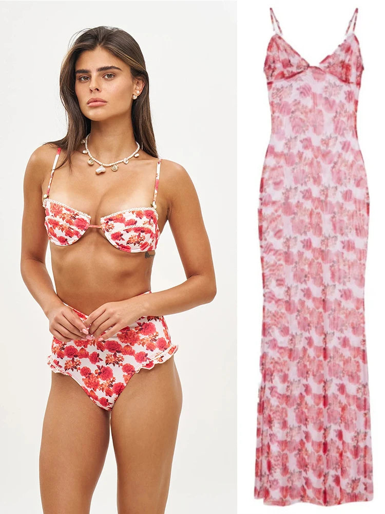 Long Dress Bikini Cover Up Print Mesh Swimwear