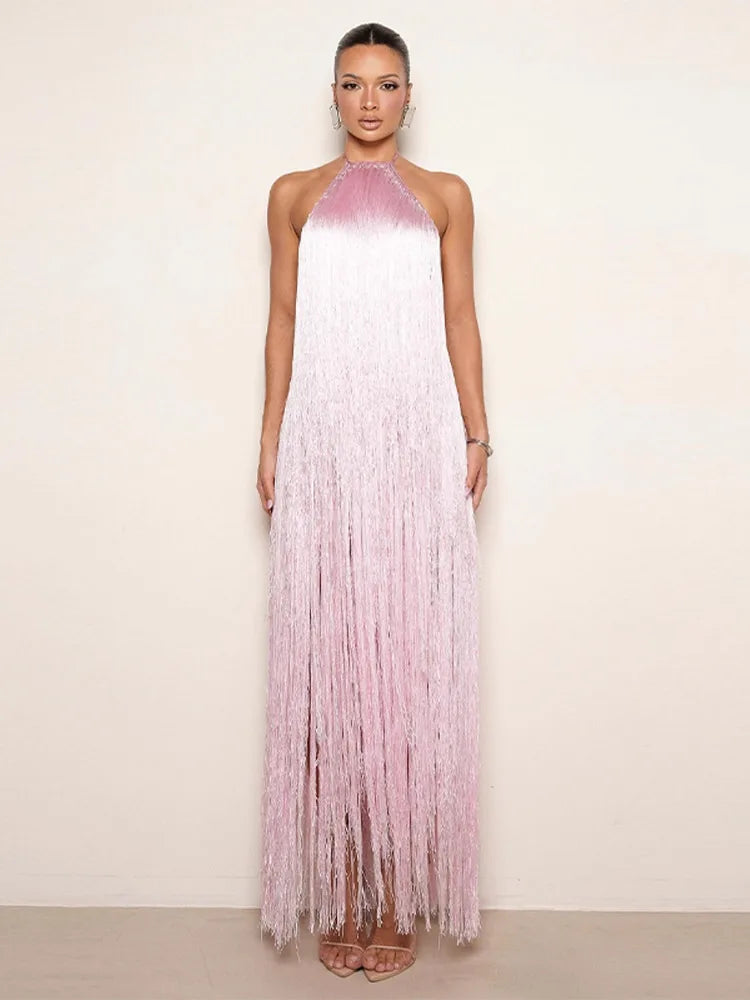 Robe de soirée pour femme, licou sans manches, dos nu, à pampilles, unie, longue, pour les vacances, élégante, d'été