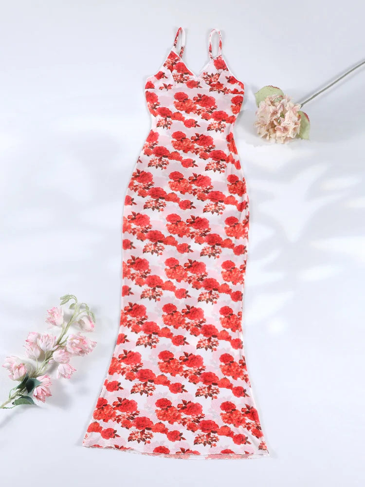 Long Dress Bikini Cover Up Print Mesh Swimwear