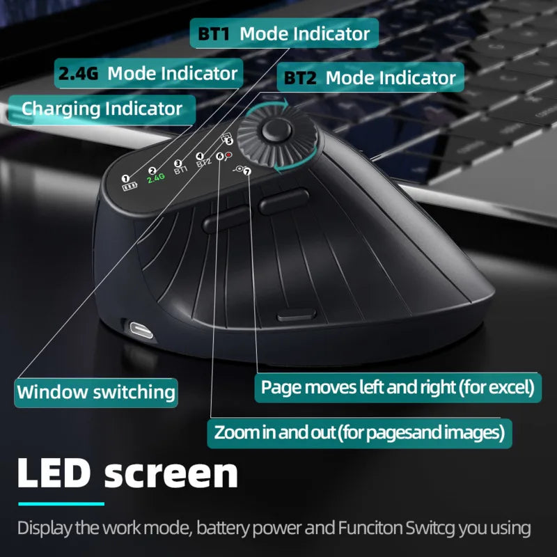 Souris ergonomique verticale multi-appareils avec bouton de réglage des fonctions, souris sans fil Bluetooth 2.4G rechargeable pour PC et tablette