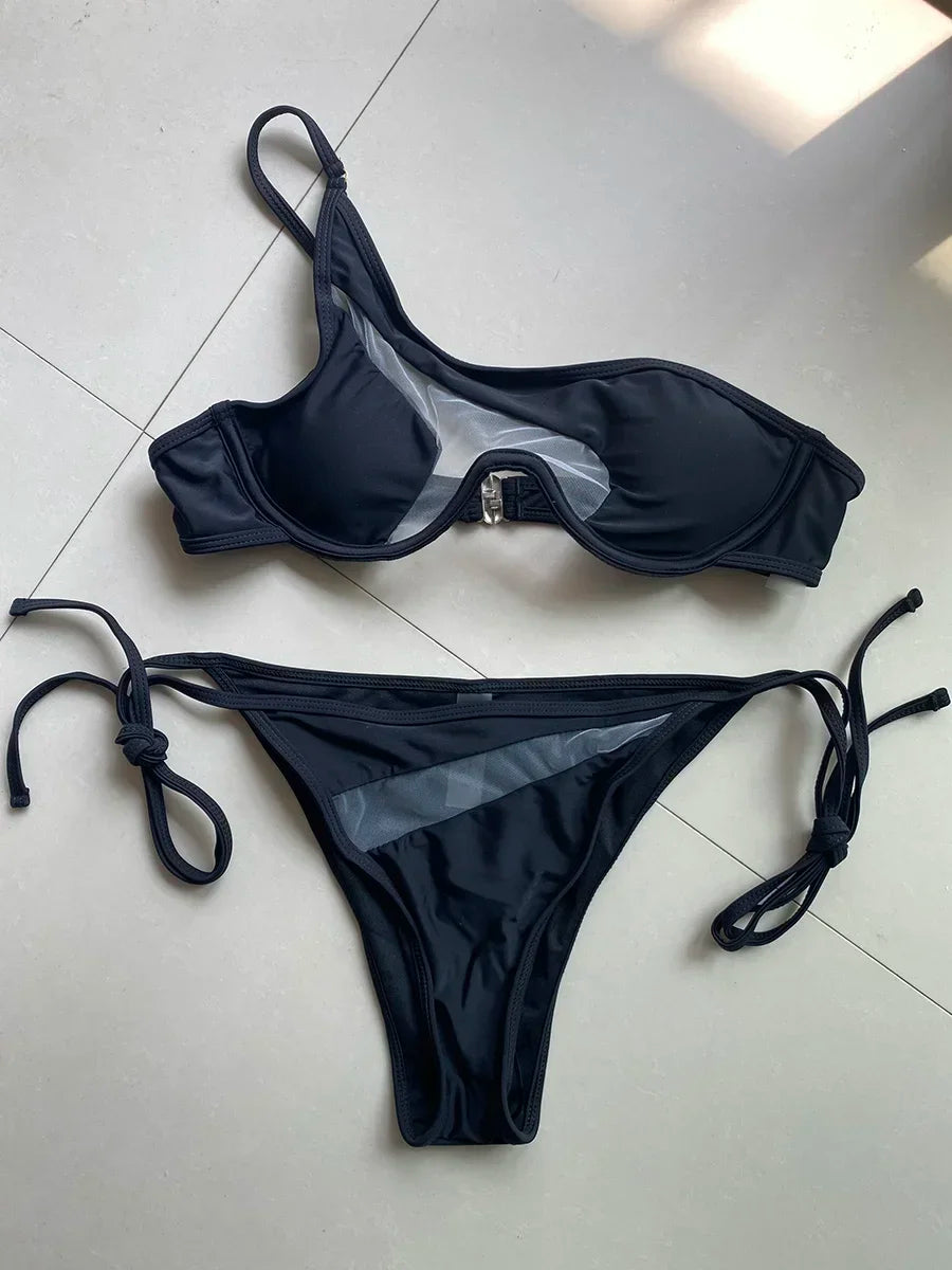 One Shoulder Mesh Bikinis Underwired V - Bar Bikini