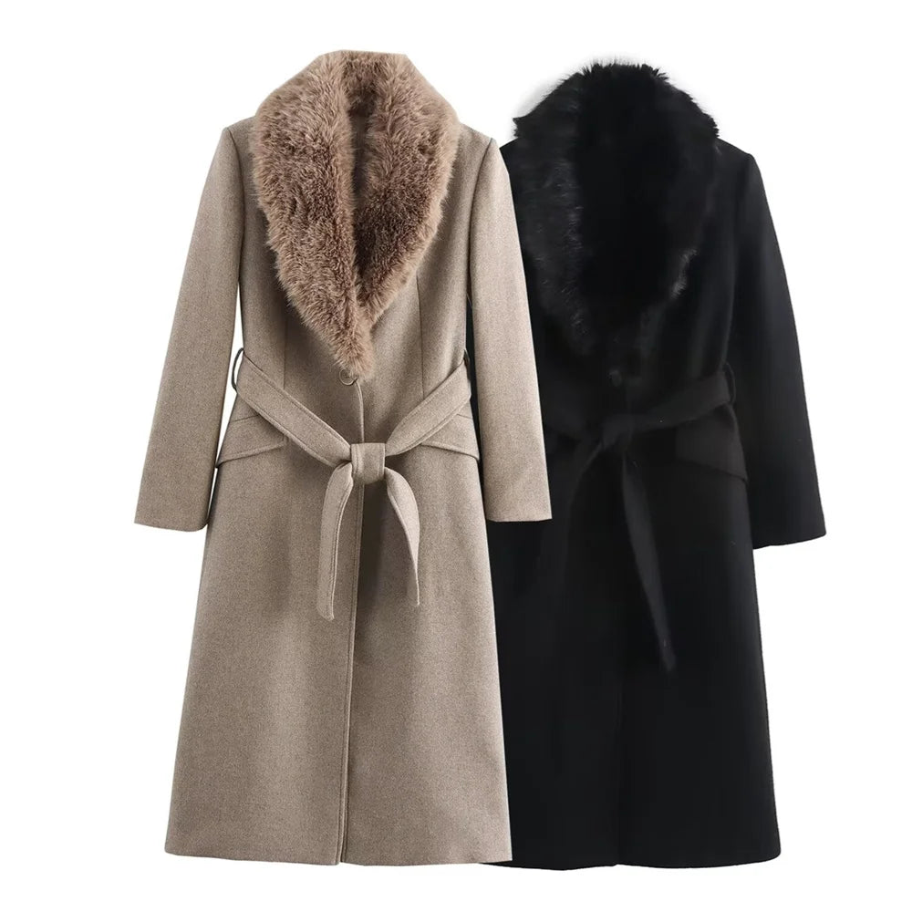 Women's Belt Warm Fur Collar Coat Flip Collar Pocket