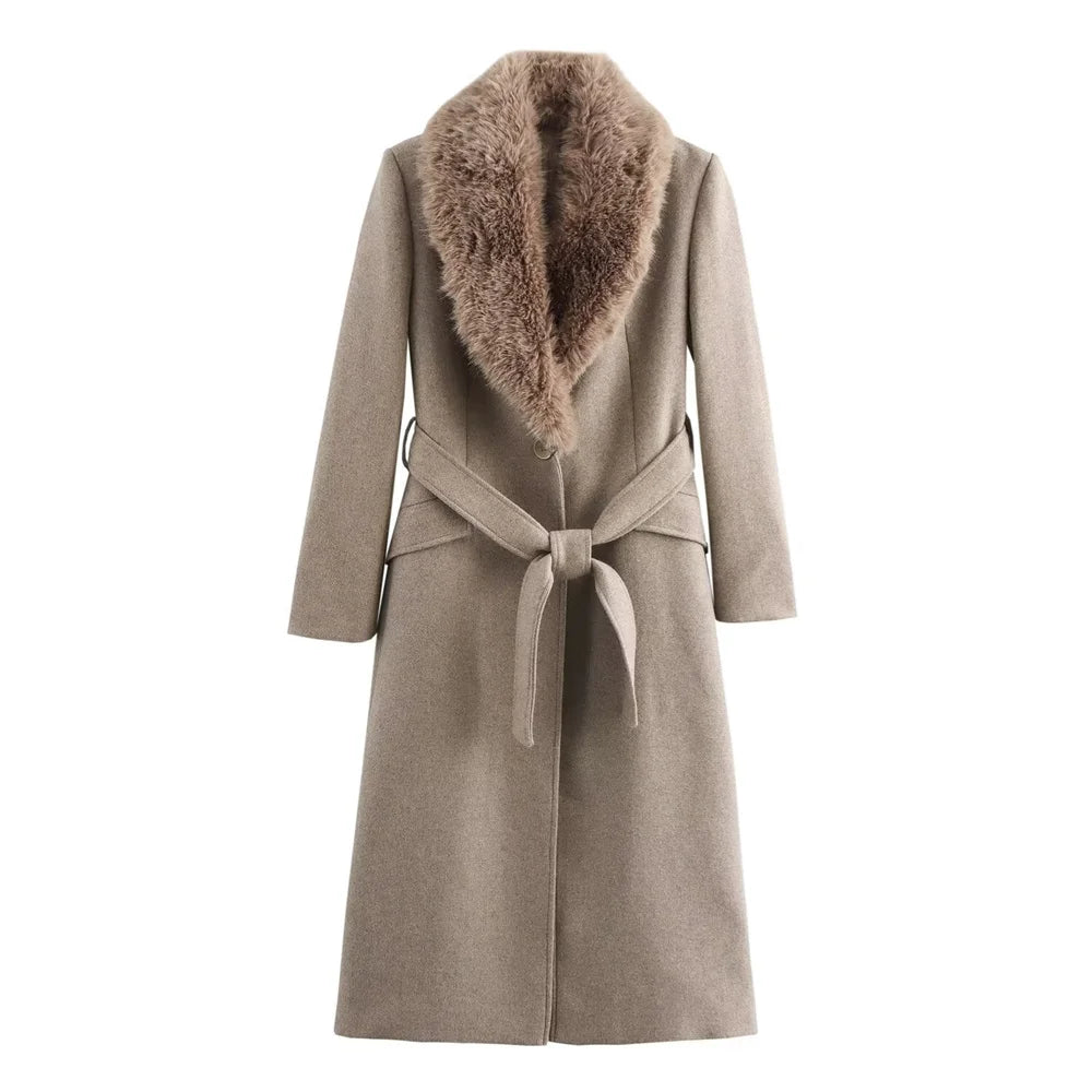 Women's Belt Warm Fur Collar Coat Flip Collar Pocket