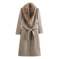 Women's Belt Warm Fur Collar Coat Flip Collar Pocket