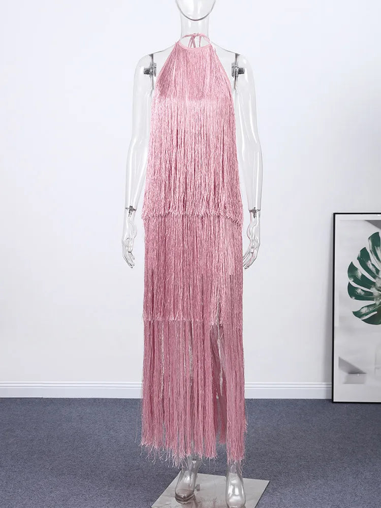 Robe de soirée pour femme, licou sans manches, dos nu, à pampilles, unie, longue, pour les vacances, élégante, d'été