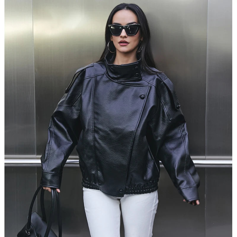 MUJER Faux Leather Women's Jacket Black Oversize Bomber