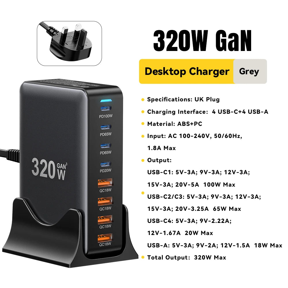 Essager 320W GaN Charger 8Port USB Type C Desktop