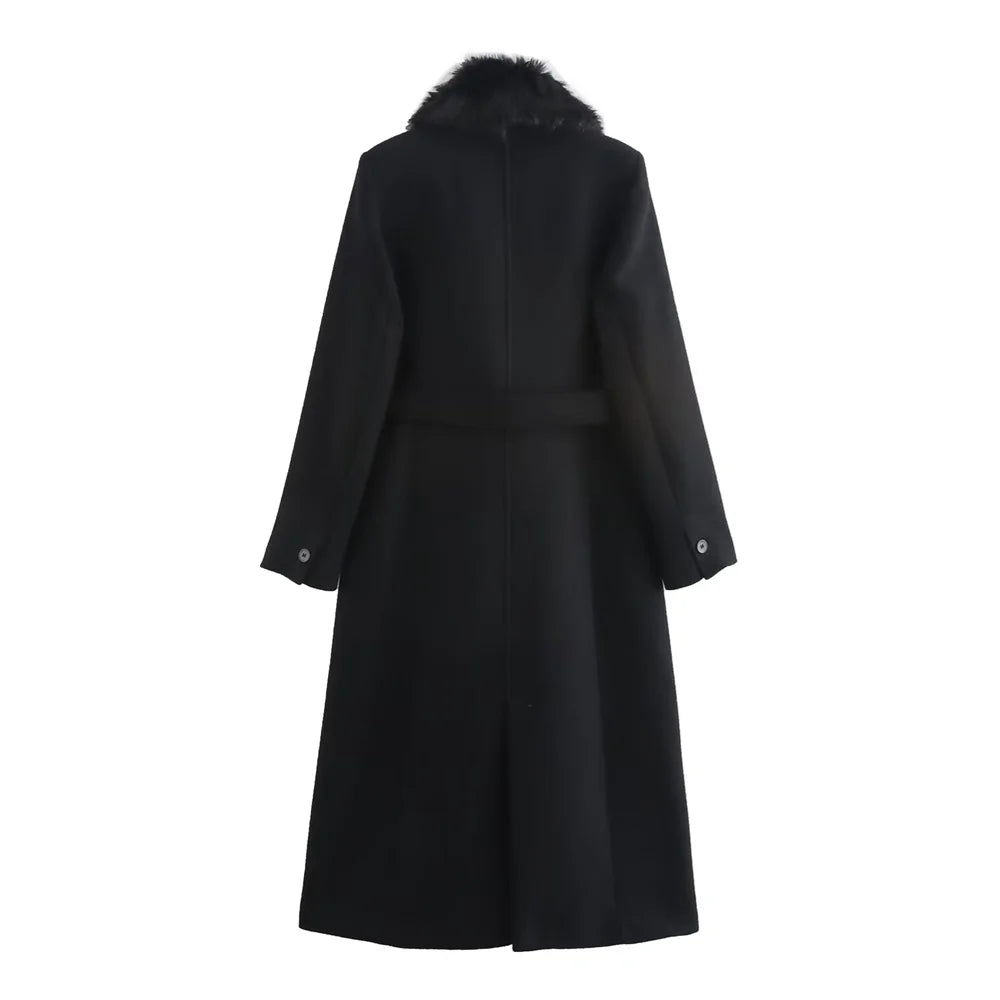 Women's Belt Warm Fur Collar Coat Flip Collar Pocket