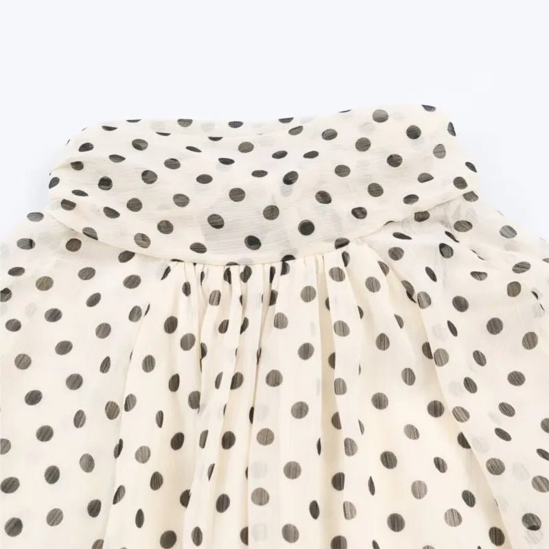 Women Polka Dot Print Blouse Casual High Collar Long