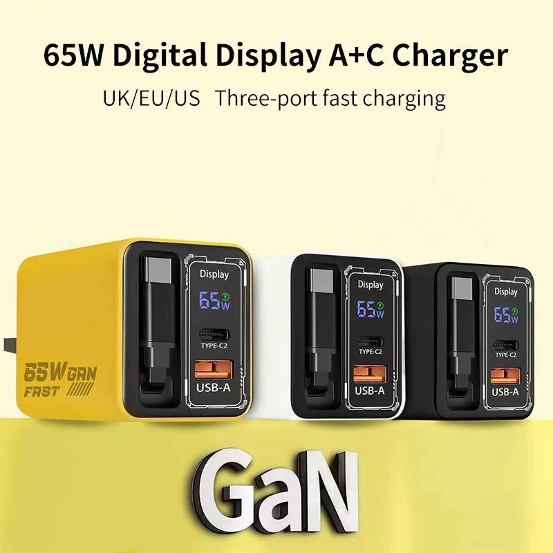65W Digital Display Fast Charger With Retractable