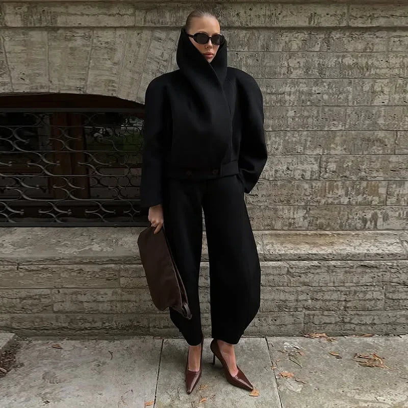 Manteau en laine pour femme à col montant, style urbain, ample, à manches longues et boutonnage, noir, veste féminine automne-hiver, vêtement d'extérieur pour femme