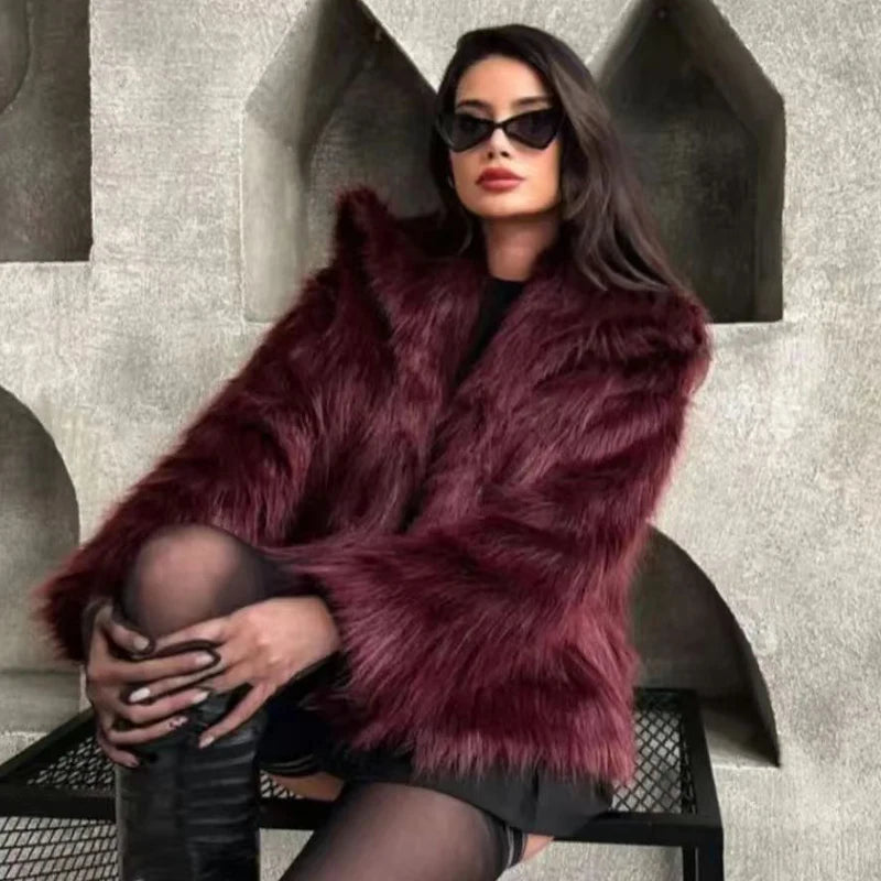 HXAO Women's Fur Coat Women 2024 Plush Burgundy Bomber