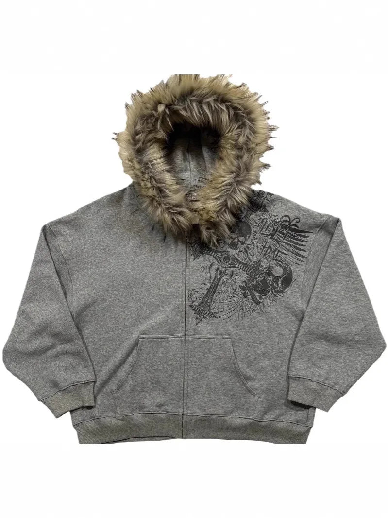 Automne/Hiver Y2k Femme Esthétique Harajuku Faux Col Fourrure Sweats à Capuche Vêtements Graphique Hip Hop Punk Gothique Zippé